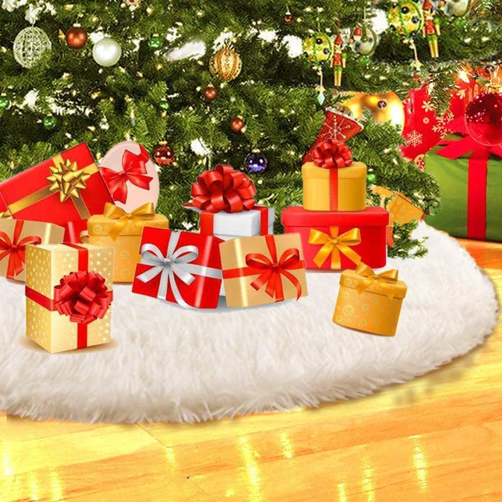 Luxurious plush Christmas tree skirt in various sizes, adding elegant charm to any holiday decor