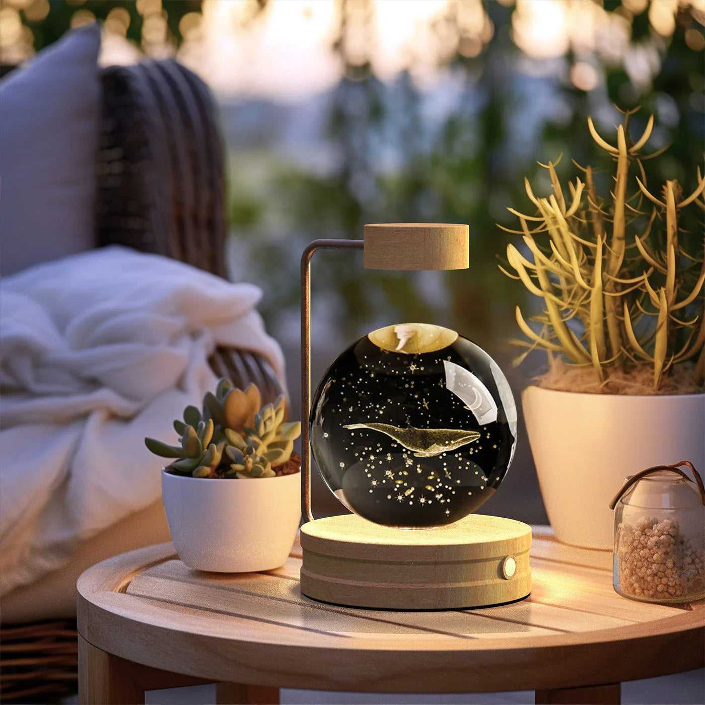 Enchanting crystal ball night light with cosmic designs, creating a warm and soothing ambiance in any room.