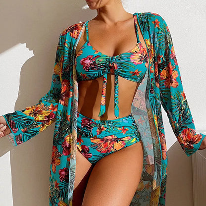 Women's plus size long blouse split bikini suit in vibrant colours