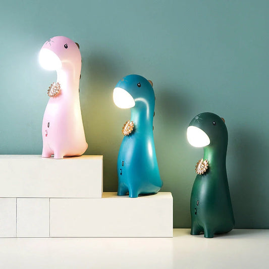 Adorable dinosaur LED night light with touch control in pink, blue, and green