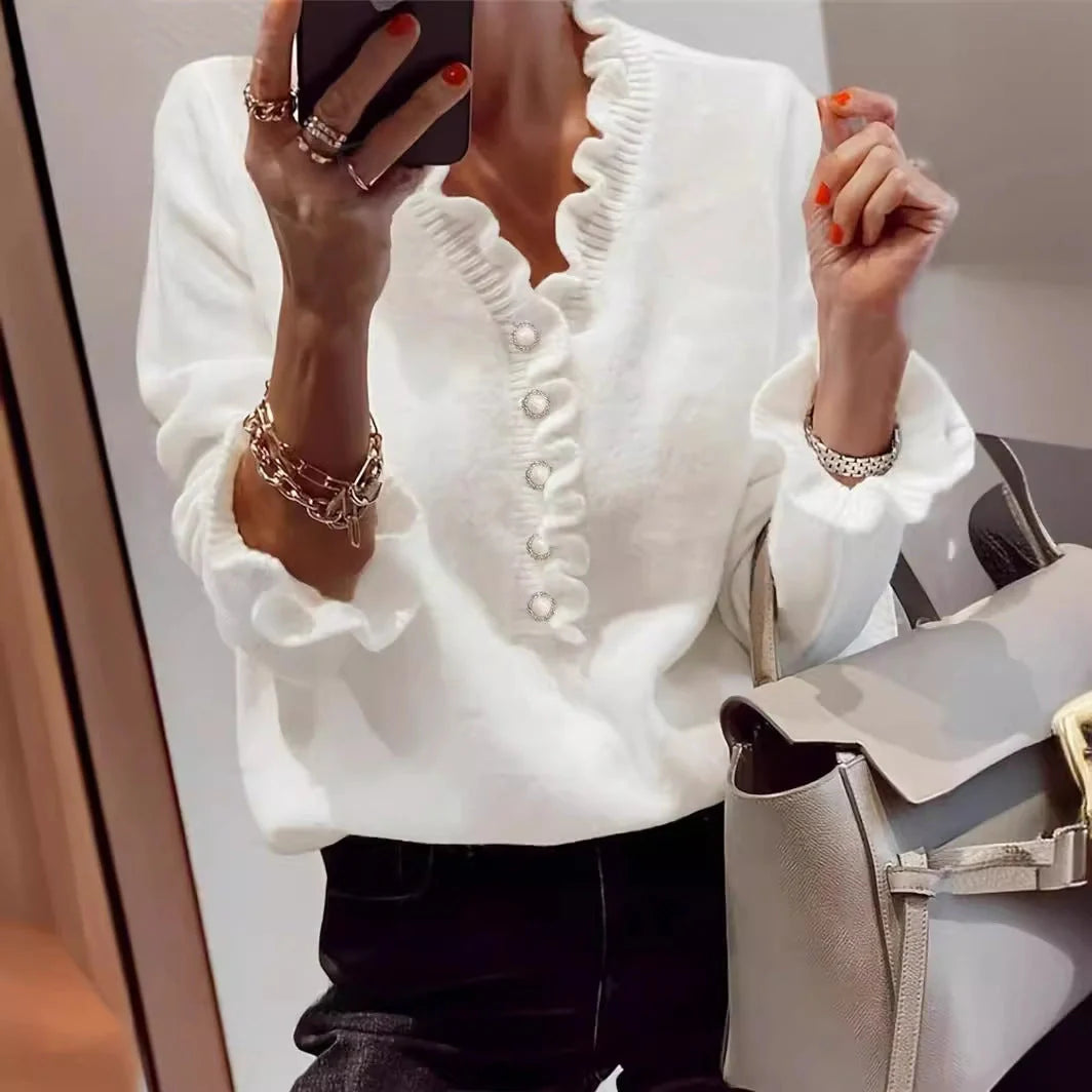 Stylish V-Neck Ruffled Knit Jumper in Black and White Colours for Women