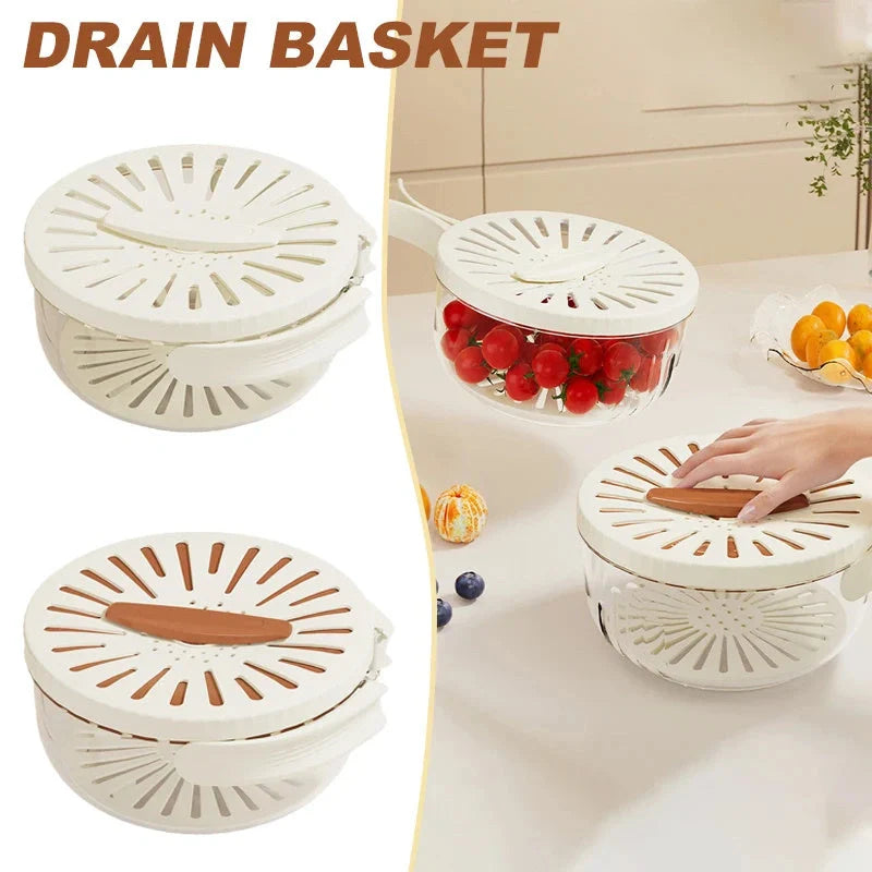 Versatile fruit drain basket with lid and foldable handle for fresh produce storage