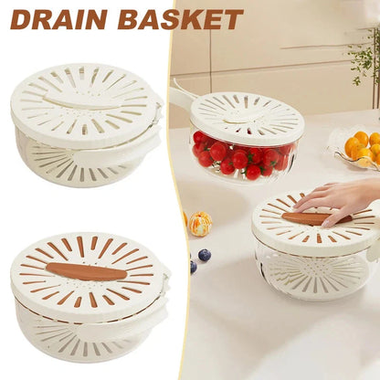 Versatile fruit drain basket with lid and foldable handle for fresh produce storage