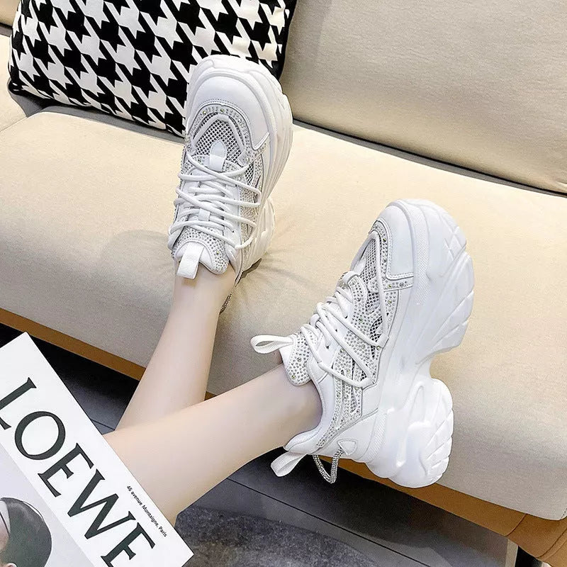 Women's Summer Mesh Breathable All-match Sneakers in black, white, and pink with mid heel