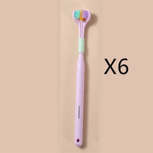 Soft bristle toothbrush with 3-sided brush head for thorough dental cleaning