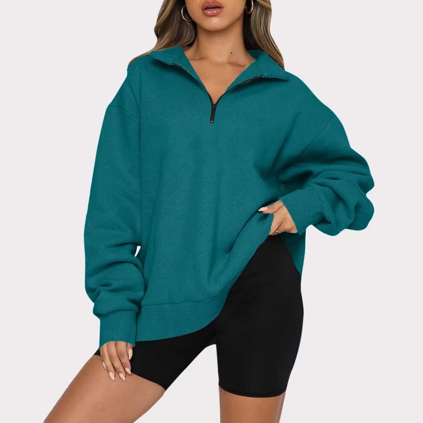 Women's zip turndown collar loose casual sweatshirt in various colours