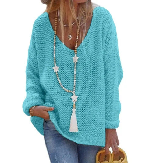 V-neck Long Sleeve Knit Top in black, apricot, and blue