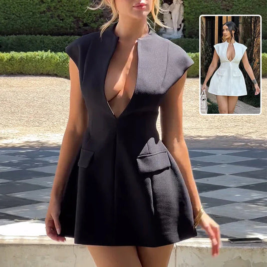 Stylish V-neck A-line mini dress with coordinating cardigan in various colors