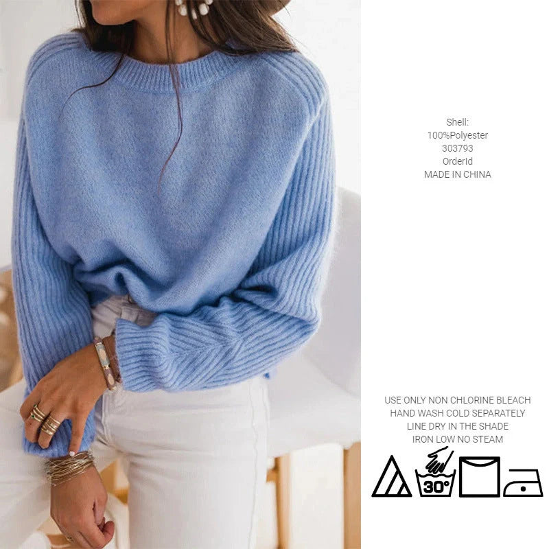 European Milk Blue Bedford Cord Sweater with round collar and long sleeves