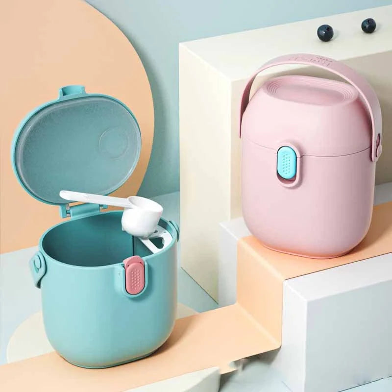 Large airtight baby milk powder storage container with scoop in peacock blue, olive green, and rouge powder