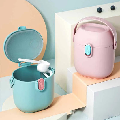 Large airtight baby milk powder storage container with scoop in peacock blue, olive green, and rouge powder