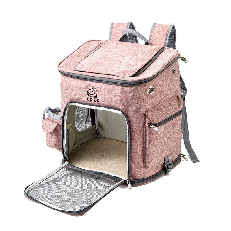 Transparent pet carrier backpack with mesh windows and zippered top for easy access, perfect for transporting cats in comfort and style.
