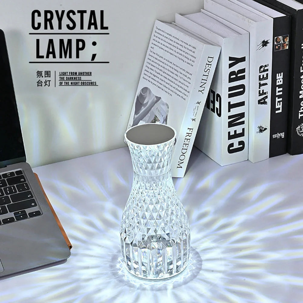 Vase Shape Atmosphere Crystal Lamp with USB charging and remote control on a bedside table