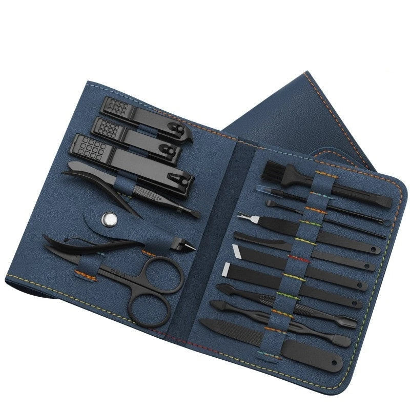 A 16-piece premium manicure and pedicure set with stainless steel tools and a stylish leather case