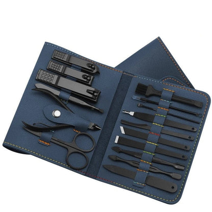 A 16-piece premium manicure and pedicure set with stainless steel tools and a stylish leather case