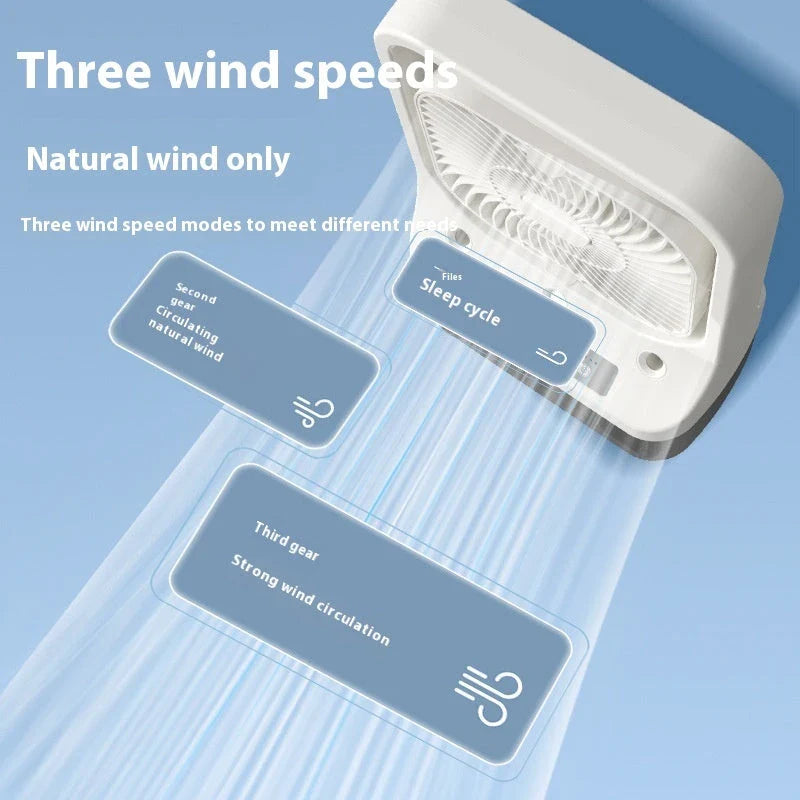 USB rechargeable cooling fan with water tank, adjustable airflow, and colorful night lights for enhanced indoor climate control