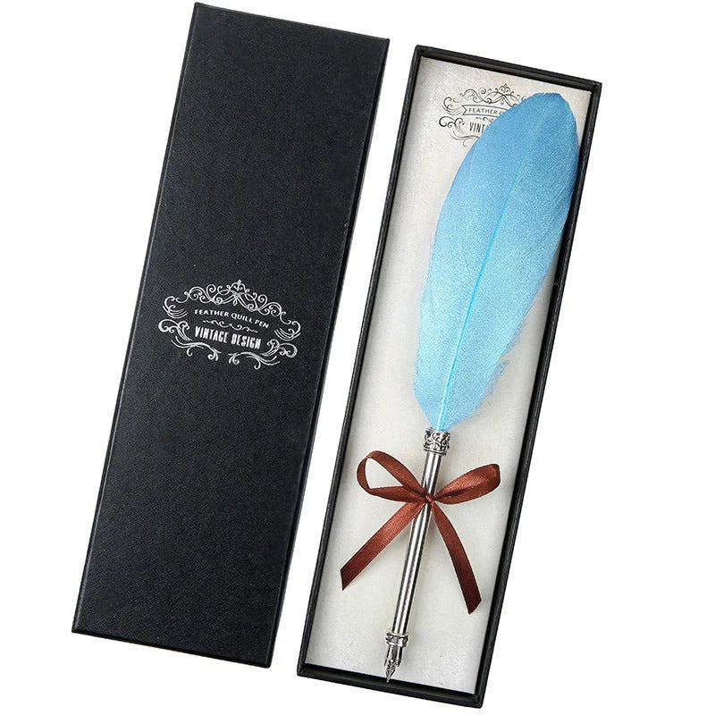 Elegant European-inspired feather pen in a luxurious gift box, showcasing its vintage-inspired design and premium stainless steel construction.