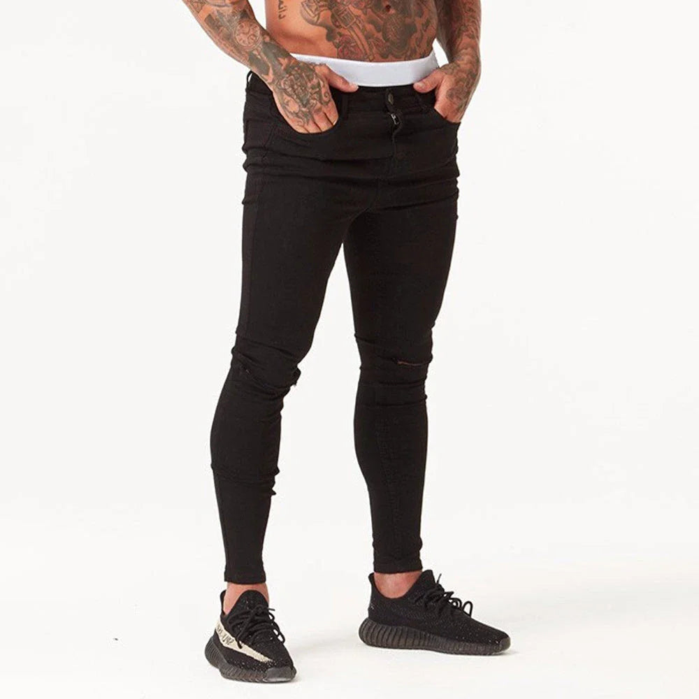 Premium cotton summer distressed skinny jeans for men with a slim, stretchy fit and an edgy, washed-out finish