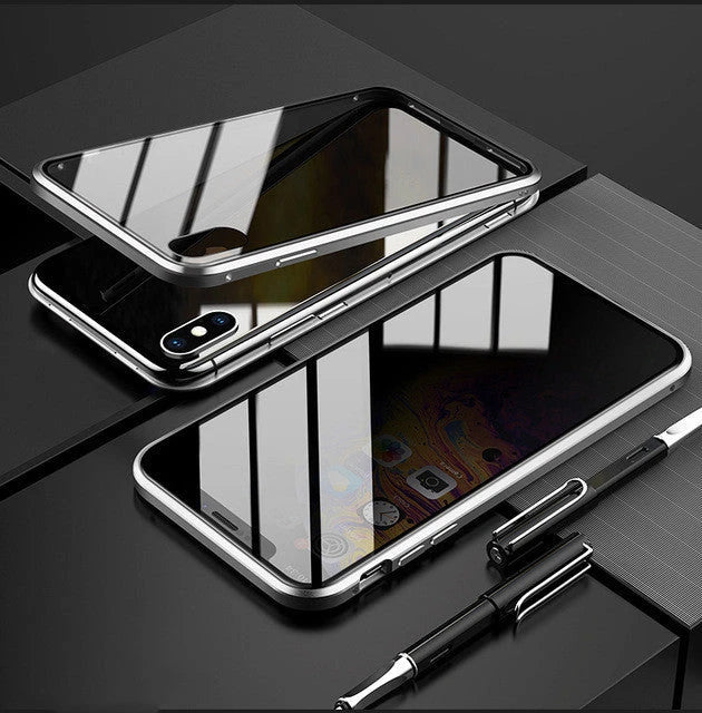 Sleek magnetic privacy phone case with tempered glass protection, compatible with various iPhone models