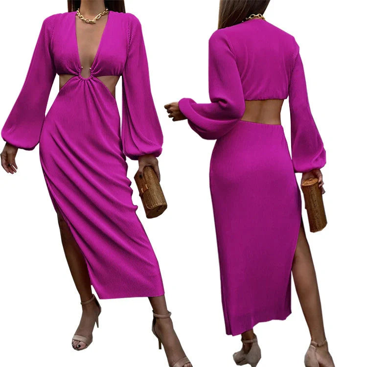 Stylish pressed pleated dresses in vibrant yellow, classic black, and chic dark pink colours for glamorous autumn fashion
