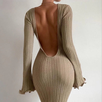 Slim long-sleeved ruffled maxi dress in khaki, black, or white with backless design