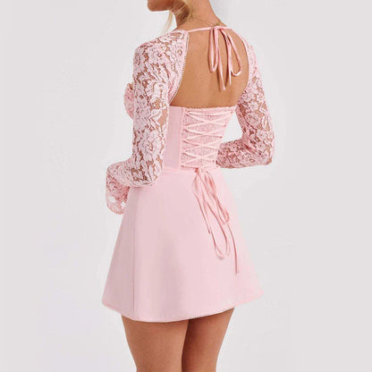 Stylish backless lace dress with long sleeves in various trendy colors