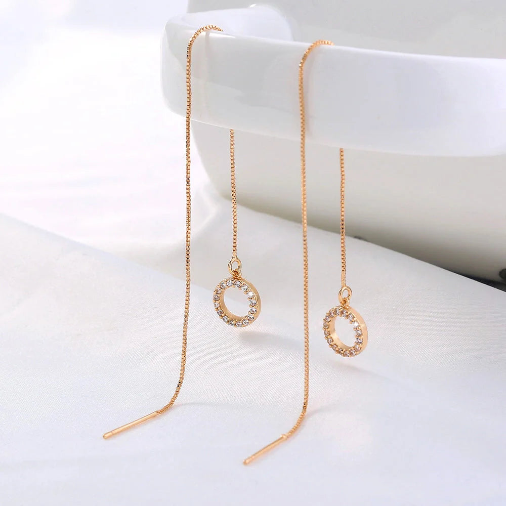 Gold Circle Long Tassel Ear Wire with sparkling zircon accents, perfect for any occasion