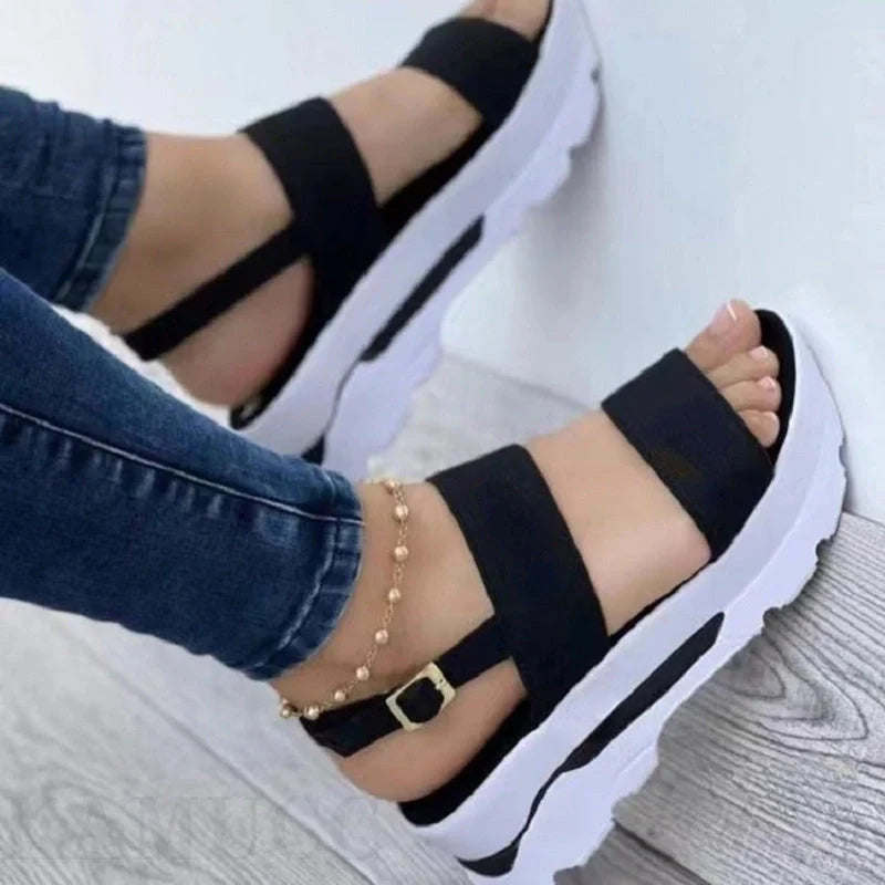 Women's casual buckle platform sandals in PU with fish mouth design