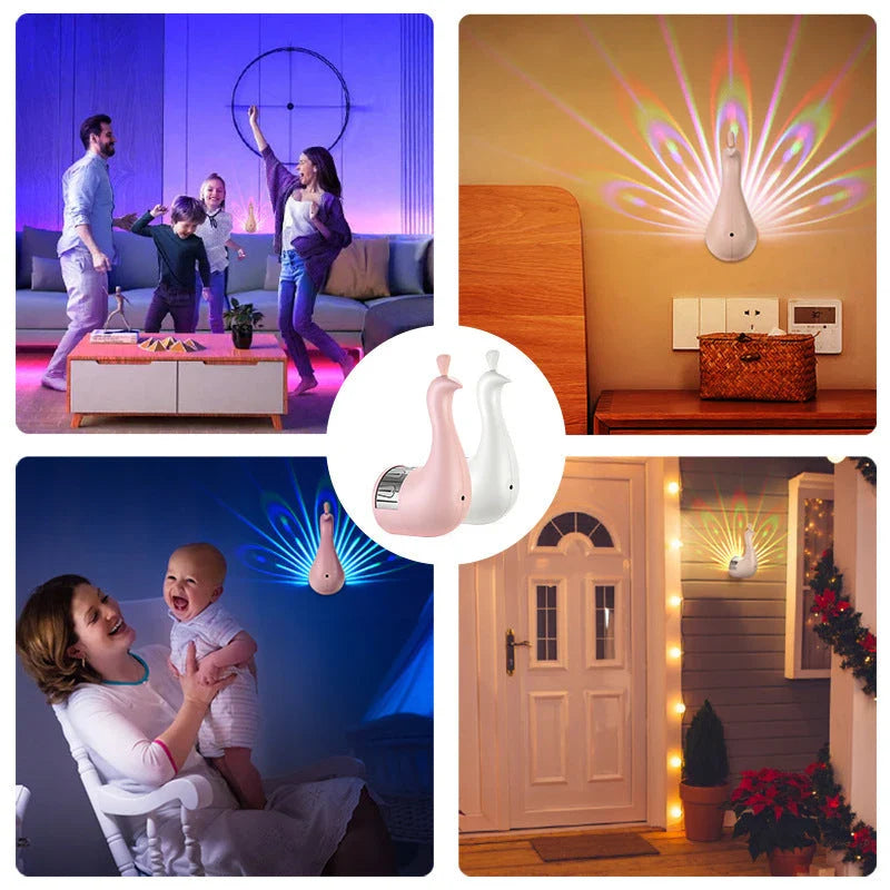 Peacock-inspired ambient lighting fixture with remote control and automatic shut-off timer