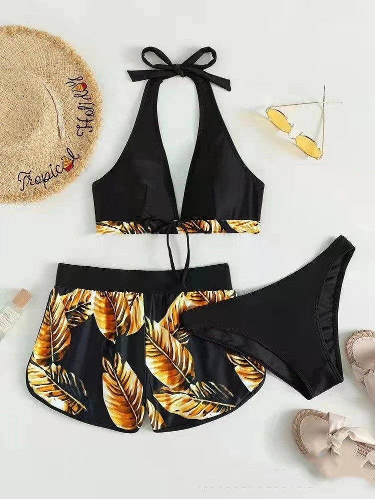 Stylish leaf print bikini with matching shorts in a variety of vibrant colors and patterns