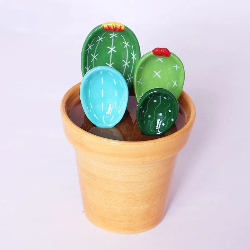 Ceramic measuring spoons set with wave-patterned base and color-coded spoons for precise ingredient portioning in the kitchen