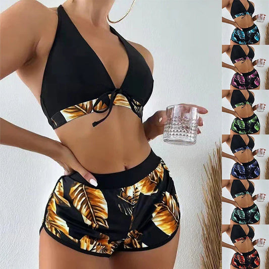 Stylish leaf print bikini with matching shorts in a variety of vibrant colors and patterns