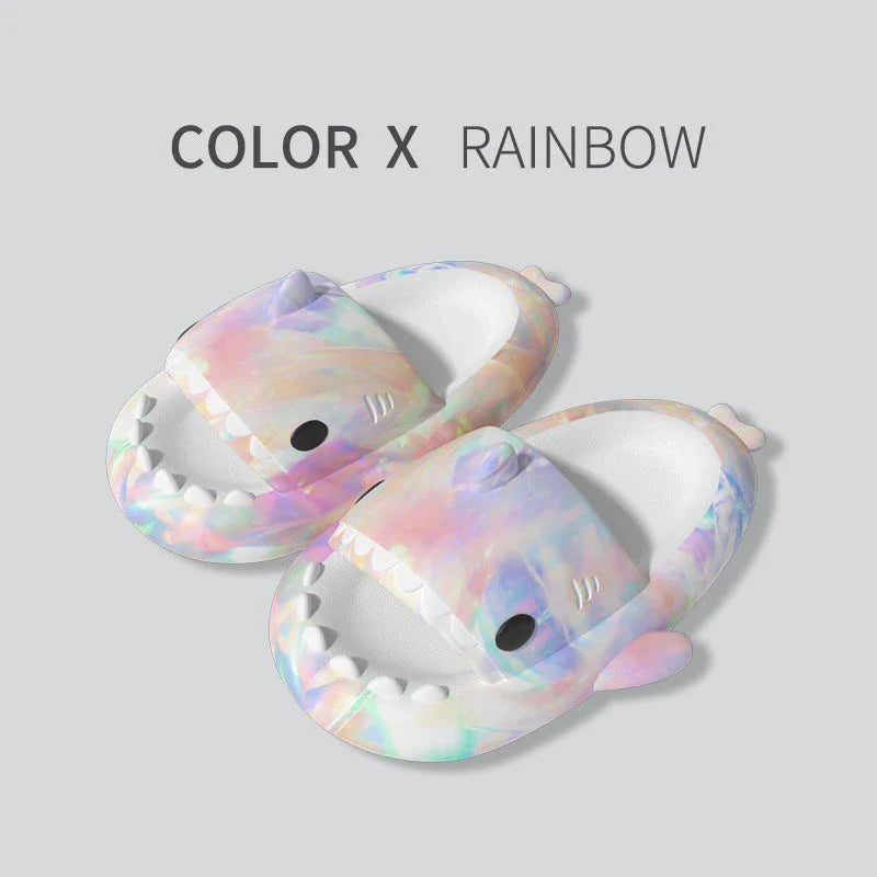 Cute shark-themed slippers with heart print design in various vibrant colors