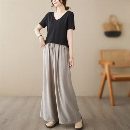 Stylish plus size wide leg straight casual trousers in black, light khaki, and blue green
