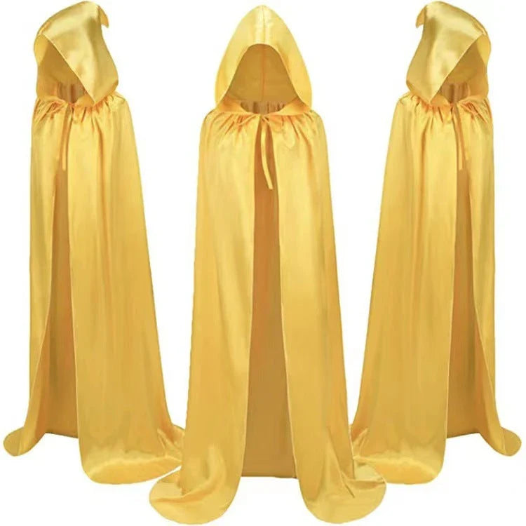 Premium wizard capes in black, gold, and purple with hooded designs, perfect for Halloween costume parties and dress-up events.