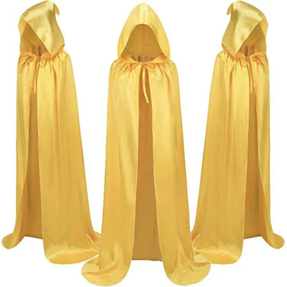 Premium wizard capes in black, gold, and purple with hooded designs, perfect for Halloween costume parties and dress-up events.
