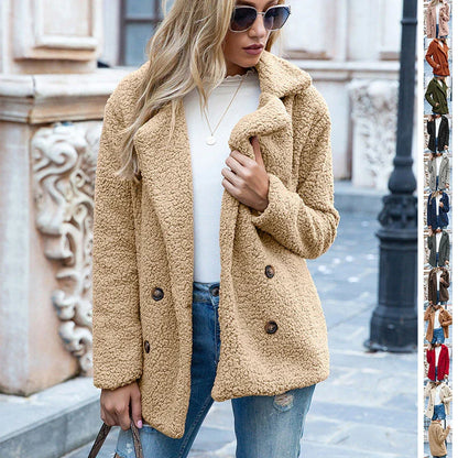 Cozy and stylish winter jacket for women, featuring a fluffy design, button closure, and a range of color options