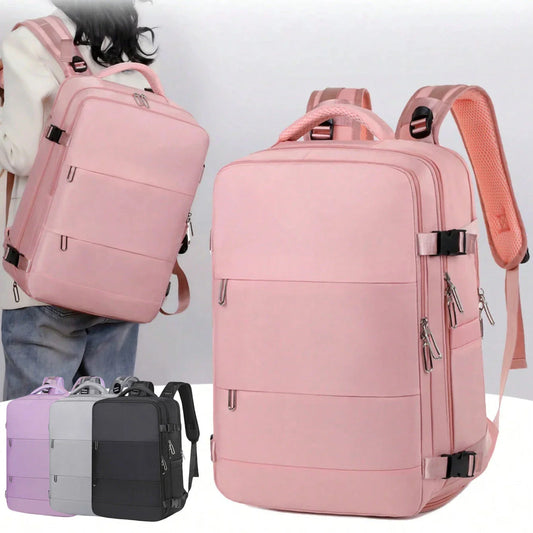 Spacious women's travel backpack with dry and wet compartments, waterproof construction, and comfortable air-cushioned harness