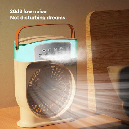 Compact USB-powered evaporative air cooler with 7-color mood lighting, portable design, and powerful fan for personal climate control