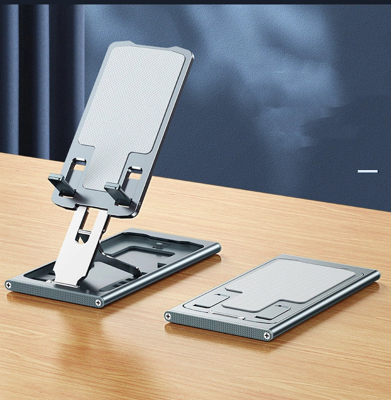 Aluminum alloy mobile phone stand in grey, rose gold, silver, and blue, adjustable and foldable