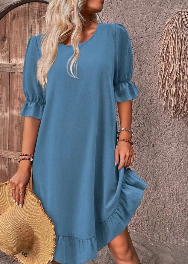 Stylish cotton linen ruffle dress for summer in various colors