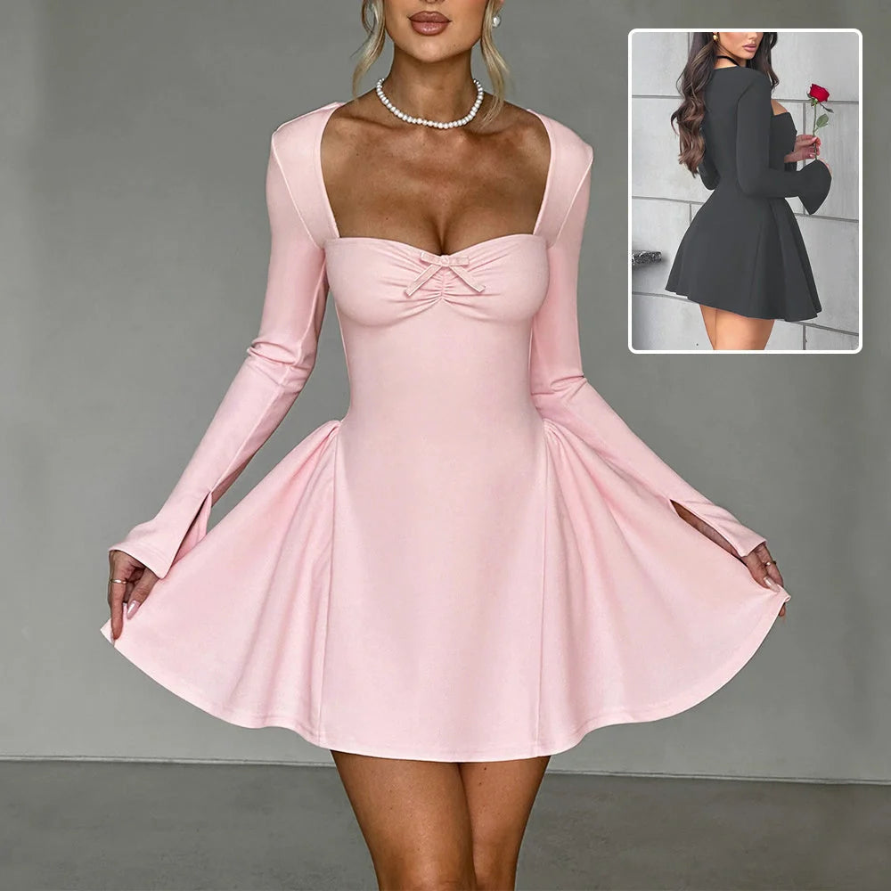 Y2K Fashion Slim A-line Long-sleeved Dress for Women in various colours