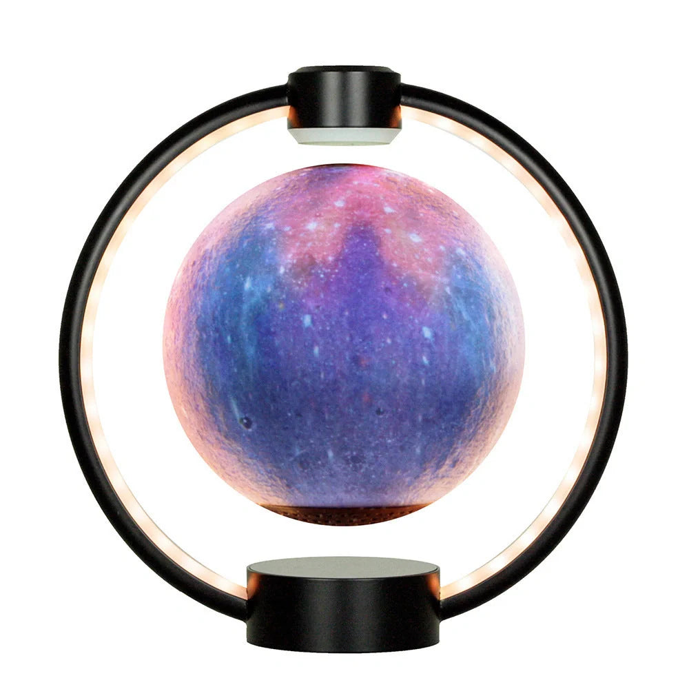 Levitating Bluetooth speaker with moon-shaped orb, colour-changing LED lights, and wooden base