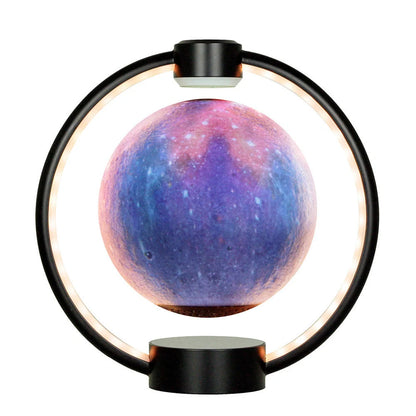 Levitating Bluetooth speaker with moon-shaped orb, colour-changing LED lights, and wooden base