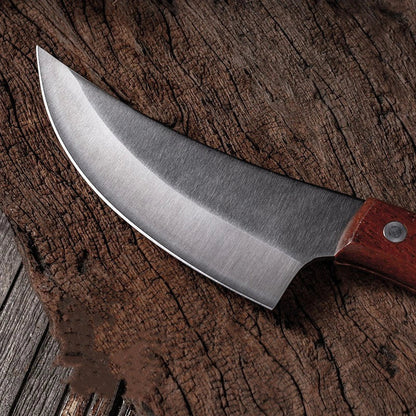 Premium forged picnic knife with leather sheath and solid wood handle