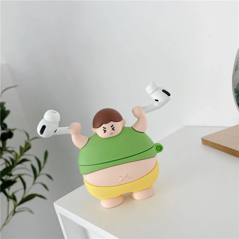 3D Cute Little Fat Man Lifting Weights Silicone Case for AirPods Pro