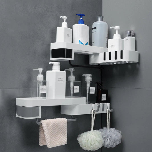 Double-layer wall-mounted corner shelf in black and grey for bathroom and kitchen storage