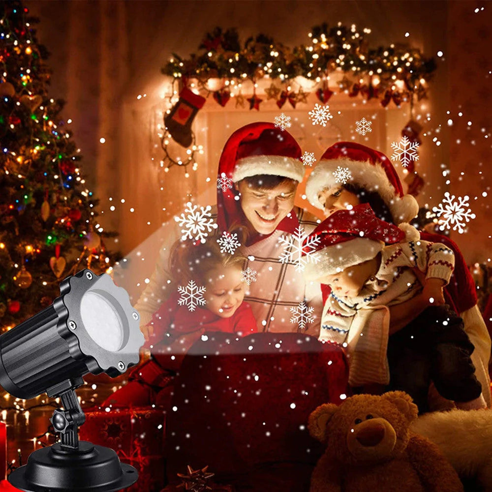 LED Christmas Blizzard Snowflake Laser Light Projector illuminating a garden with white snowflake patterns