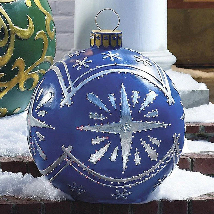 Inflatable Christmas baubles in various festive designs for outdoor holiday decoration