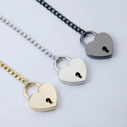 Adjustable Heart Slip Chain Necklace with Key Lock Charm in Black, Silver, and Gold Colours